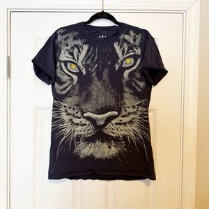 Heads or tails graphic tiger jeweled tee shirt.